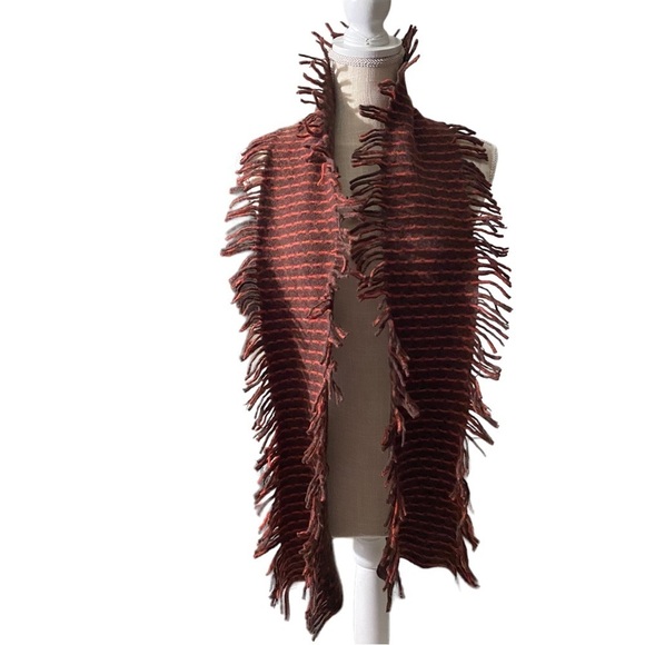 Brown & Orange 100% Irish Wool Reversible Dot Print /Stripe Print Frilly Scarf - Picture 4 of 9